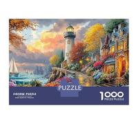 Coastal Village Scene Jigsaws 1000 Piece Puzzle Coastal Lighthouse Art Impossible Suitable for Decompression And Wall Decor Educational Games for Adults And Kids 52x38cm/1000pcs