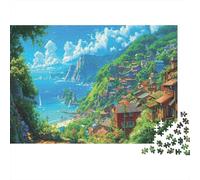 Coastal Village Scenery 1000 Pc Premium Cardboard Classic Jigsaw Summer Village Puzzle for Budget Shoppers Brain Training Family Game Night 38x26cm/1000pcs