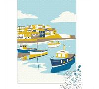 Coastal Village with Boats Illustration Adult Paper Puzzle, Historic Square Architecture, Interlocking Paper Pieces for Home Décor Fans, Relaxing Challenge, Gift Idea, 70x50cm/1000pcs