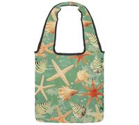 Coastal Vintage Green Retro Seashells Pattern Canvas Tote Bag for Women, Reusable Grocery Shopping Cloth Bag with Wide Handle