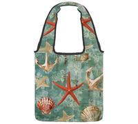 Coastal Vintage Green Retro Starfish Seashells Canvas Tote Bag for Women, Medium Reusable Grocery Totes Washable and Eco-friendly