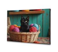 Coastal Wall Art A Black Cat Sits In A Basket Filled With Colorful Yarn Balls. Canvas Decorative Picture Picture Hanging Kit The Chosen(20x30cm)
