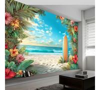 Coastal Wallpaper Murals 400W x 280H cm Photo Poster, Beach Surfboard Tropical Botanical Floral Wall Photo Mural Wallpaper - Wall Art for Living Room Bedroom Children's Room Corridor Game Room