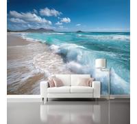 Coastal Wallpaper, Non Woven Wall Murals, 150 x 105 cm (W x H) | Clouds Mountains Waves Sandy Beach Wall Murals, for Living Room Kitchen Dining Room Bedroom Home Decor Wallpaper