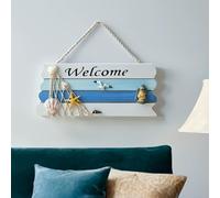 Coastal Welcome Sign, Nautical Wooden Door Hanger with Seashell Starfish Decor, Beach Themed Welcome Plaque for Front Door, Entryway, Home Decor