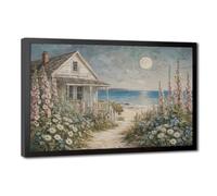 Coastal White Beach Cottage Full Moon Wildflower Seaside Landscape Wall Art Canvas Printed Posters, Soft Country Decor for Living Room Bedroom Bathroom Cottage Entryway Home Decor Black Frame 24x36in