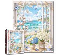 Coastal Window View 1000 Piece Jigsaw Puzzles for Adults Lighthouse Sailing Boat Puzzles Blue Hydrangeas Puzzle for Home Decoration Gifts Family Puzzle Perfect for Game Nights 19.7" x 27.6 "