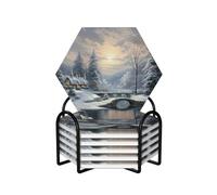 Coaster for Drink Ceramics Coaster Set of 6 Heat Resistant Drink Coasters with Holder Winter Snow Scene Coffee Cup Mat Tabletop Protection Cup Pad Round Coasters for Kitchen