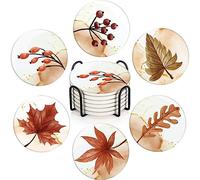 Coaster for Drinks Set of 6, Autumn Fall Leaf Absorbent Round Ceramic Stone Mat, with Cork Base and Metal Holder, Gift for Housewarming Room Bar Decor