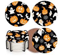 Coaster for Drinks Set of 6, Fall Halloween Pumpkin Bat Cartoon Orange Absorbent Round Ceramic Stone Mat, with Cork Base and Metal Holder, Gift for Housewarming Room Bar Decor
