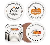 Coaster for Drinks Set of 6, Fall Pumpkin Autumn Farm Fresh Absorbent Round Ceramic Stone Mat, with Cork Base and Metal Holder, Gift for Housewarming Room Bar Decor