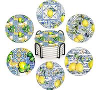 Coaster for Drinks Set of 6, Lemon Fruit Yellow Blue Vintage Absorbent Round Ceramic Stone Mat, with Cork Base and Metal Holder, Gift for Housewarming Room Bar Decor