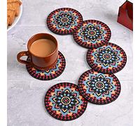 Coaster Set of 6 Beautiful Wooden Coasters with Proper Coaster Stand Designer Coaster Set Fit for Tea Cups, Coffee Mugs and Glasses (Round and Designer 3.5 X 3.5 Inch) (Black)