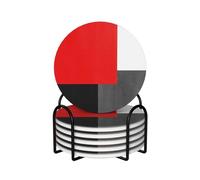Coasters,Ceramics Coasters with Holder Stand Drink Coasters,Mugs Pad Cups Mat Set of 6,Red Grey Black And White Geometric Block