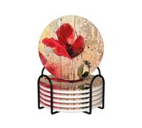 Coasters,Ceramics Coasters with Holder Stand Drink Coasters,Mugs Pad Cups Mat Set of 6,Red Poppy Flower Beige Floral