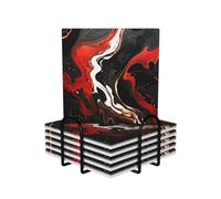 Coasters for Drinks 6 PCS Ceramics Coasters with Metal Holder Drink Coaster black and red marble Coaster Square Ceramics Beverage Cup Mat Heat Resistant Cup Mat for Table Home Decor