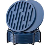 Coasters for Drinks 8 Pack Drink Coasters with Holder, Heat Resistant Silicone Cup Mat Table Protector, Non-Slip Rubber Coasters for Various Types of Cups (Deep Blue)