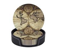 Coasters for Drinks Ancient Map World Globe Print Leather Coaster Set of 6 Heat Resistant Drink Coasters Round Cup Mat Pad with Holder for Living Room Kitchen Bar Coffee Decor