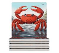 Coasters for Drinks Cartoon Crab Round Coaster Set of 6PCS Ceramic Coaster with Holder Coaster Heat Resistant Non-Slip Cup Mat Pad Coffee Decorative Coasters for Living Room Kitchen Bar Decor (Ca