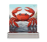 Coasters for Drinks Cartoon Crab Round Coaster Set of 6PCS Ceramic Coaster with Holder Coaster Heat Resistant Non-Slip Cup Mat Pad Coffee Decorative Coasters for Living Room Kitchen Bar Decor (Ca