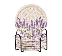 Coasters for Drinks Coasters Set of 6 with Holder Provence Lavender Flowers Absorbent Round Woven Decorative Braided Rope Cup Mat,11cm