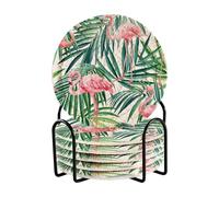 Coasters for Drinks Coasters Set of 6 with Holder Tropical Plants Green Palm Leaves Flamingo Absorbent Round Woven Decorative Braided Rope Cup Mat,11cm
