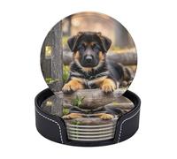Coasters for Drinks Personalized Leather Coasters Set of 6 German Shepherd Puppy Drink Coaster Non-Slip Mugs Pads with Holder Round Cups Pad Mat for Coffee Table Kitchen