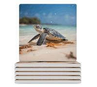 Coasters for Drinks Sea Turtle on The Beach Round Coaster Set of 6PCS Ceramic Coaster with Holder Coaster Heat Resistant Non-Slip Cup Mat Pad Coffee Decorative Coasters for Living Room Kitchen Ba