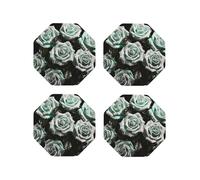 Coasters for Drinks Set of 4 Green Rose Leather Coasters Spill Protection Cup Mat Drink Coasters for Drinks for Home Office Coffee Bar Table