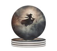 Coasters for Drinks Set of 6 Absorbent Drink Coasters Witch Flight Round Ceramic Table Coasters Cup Mat for Decorative Coffee Cup Wine Beer