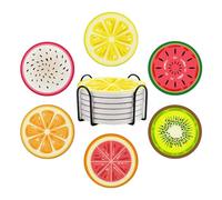 Coasters for Drinks Set of 6, Cute Fruits Round Ceramic Coasters Summer Fruit Kitchen Decor with Cork Base and Metal Holder, Non-Slip Tabletop Protection Mat for Mugs Cups Coaster, Housewarming Gift