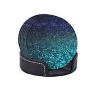 Coasters for Drinks Set of 6 Leather Drinks Coasters with Holder Round Cup Mat Pad Teal Glitter Decorative Coffee Cup Beverage Coasters for Tabletop Protection Home Decor