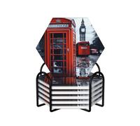 Coasters for Drinks Set of 6 Round Absorbent Ceramic Coaster Non-Slip Drink Coasters with Holder and Cork Base Reusable Cup Mat England UK Retro London Telephone Cup Coasters for Kinds of Cup