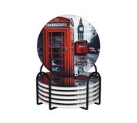 Coasters for Drinks Set of 6 Round Absorbent Ceramic Coaster Non-Slip Drink Coasters with Holder and Cork Base Reusable Cup Mat England UK Retro London Telephone Cup Coasters for Kinds of Cup