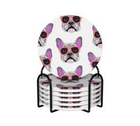 Coasters for Drinks with Holder Coaster French Bulldog Glasses Round Ceramic Coaster Set of 6 Heat Resistant Non-Slip Cup Mat Pad Coffee Decorative Coasters for Living Room Kitchen Bar Decor