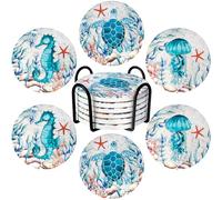 Coasters for Drinks with Holder Set of 6 Ceramic Absorbing Sea Ocean Life Coaster Cork Base Coastal Decor Beach Theme Tropical Table Coaster