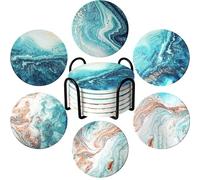 Coasters for Drinks with Holder Teal Marble Abstract Ceramic Stone Coasters Set of 6 Cork Base Round Absorbent Funny Drink Coaster Blue Beach Ocean Style for Cups Mugs Tabletop Protection