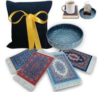 Coasters Set of 4 & Ceramic Tea Bag Dish - Absorbent coasters - useful gifts for men - Non-Slip Rubber Back- Coaster Set - Persian Rug Printed Pattern (Blue 9x11cm) non-woven