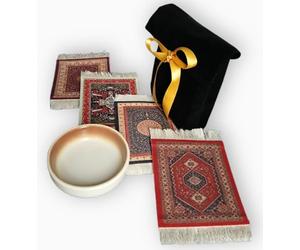 Coasters Set of 4 & Ceramic Tea Bag Dish - Absorbent coasters - useful gifts for men - Non-Slip Rubber Back- Coaster Set - Persian Rug Printed Pattern (Beige 9x11cm) non-woven
