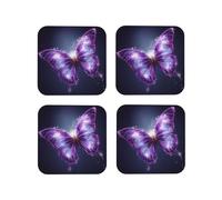 Coasters Set of 4 Round Leather Cute Purple Butterfly for Drinks Absorbent Mugs Pads with Holder Heat Resistant Coffee Cup Pad for Kitchen Office