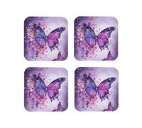 Coasters Set of 4 Round Leather Purple Butterfly Art for Drinks Absorbent Mugs Pads with Holder Heat Resistant Coffee Cup Pad for Kitchen Office