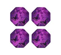 Coasters Set of 4 Round Leather Purple Butterfly for Drinks Absorbent Mugs Pads with Holder Heat Resistant Coffee Cup Pad for Kitchen Office