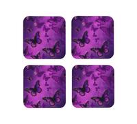 Coasters Set of 4 Round Leather Purple Butterfly for Drinks Absorbent Mugs Pads with Holder Heat Resistant Coffee Cup Pad for Kitchen Office