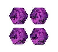 Coasters Set of 4 Round Leather Purple Butterfly for Drinks Absorbent Mugs Pads with Holder Heat Resistant Coffee Cup Pad for Kitchen Office
