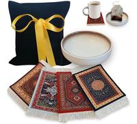 Coasters Set of 4 with Ceramic Tea Bag Dish - Absorbent coasters - useful gifts for men & women - Non Slip Rubber Back- Persian Rug Printed Pattern (Beige, 9x11cm) non-woven