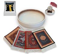 Coasters Set of 4 with Ceramic Tea Bag Dish - Gift Set coffee station accessories, Absorbent, Non Slip Rubber Back -House Warming Gifts New Home -Persian Rug Printed Pattern (Beige, 9x11cm), non-woven