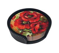 Coasters Set Of 6 Beautiful Red Poppy Flower Print Leather Coasters For Drinks,Home Décor And Housewarming Gift