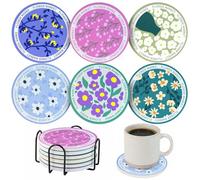 Coasters Set of 6 - Ceramic Coasters with Holder Absorbent Drink Ceramic Coasters Round Reusable for Drinks Cups, Mugs, Birthday, Office, Kitchen Decoration (Flower Simple Series)