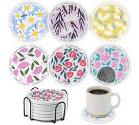 Coasters Set of 6 - Ceramic Coasters with Holder Absorbent Drink Ceramic Coasters Round Reusable for Drinks Cups, Mugs, Birthday, Office, Kitchen Decoration (Flower Art Series)