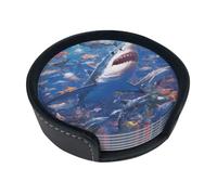 Coasters Set Of 6, Coasters For Drinks With Holder, Leather Drink Coaster Coffee Table Bar Beer Wine Cup House Warming Gifts - Underwater World Sharks Coral Reefs And Fish Colorful